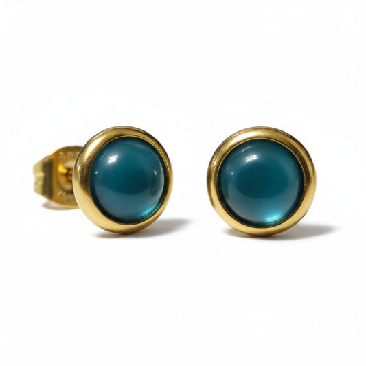 Cat's Eye Earrings 8mm - Blue - Gold-Colored