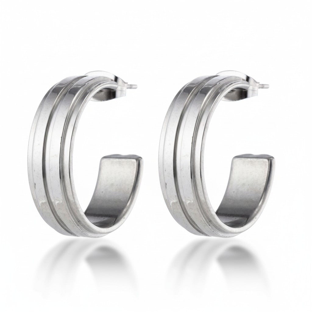 Oorbellen – 23mm Half-Hoop 2 Strepen RVS Zilverkleur Dames