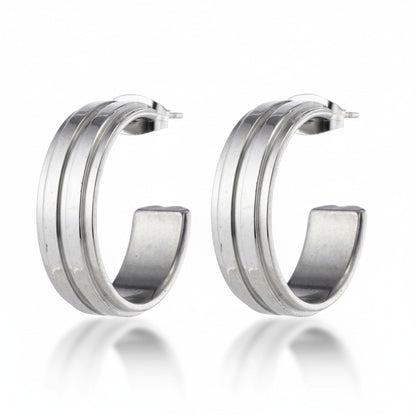 Oorbellen – 23mm Half-Hoop 2 Strepen RVS Zilverkleur Dames