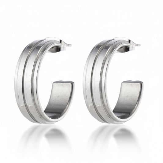 Oorbellen – 23mm Half-Hoop 2 Strepen RVS Zilverkleur Dames