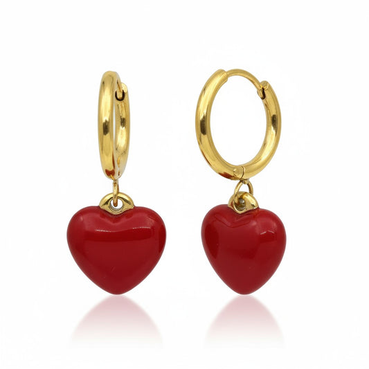 Gold-colored Huggie Earrings with Red Heart