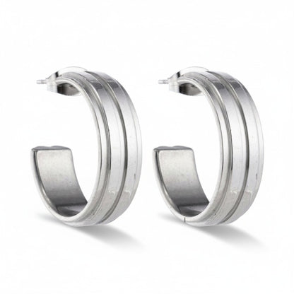 Oorbellen – 23mm Half-Hoop 2 Strepen RVS Zilverkleur Dames