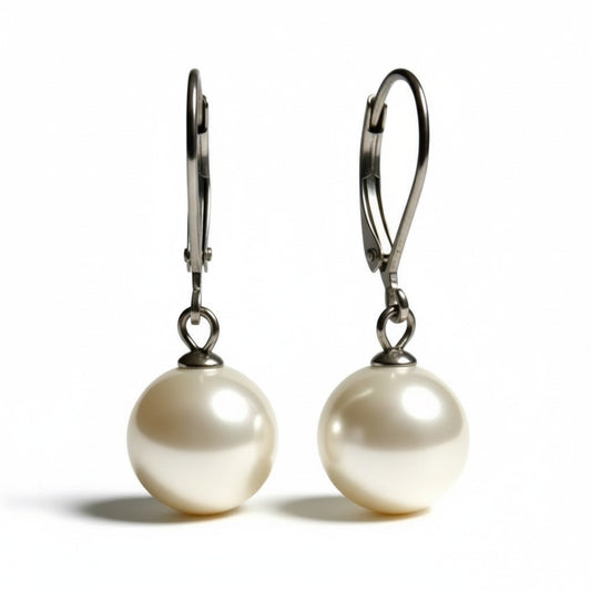 Steel Earrings with Round White Pearl - Small Earrings