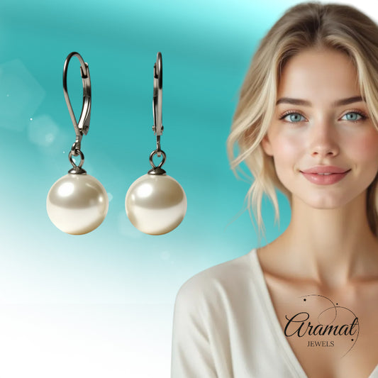 Steel Earrings with Round White Pearl - Small Earrings