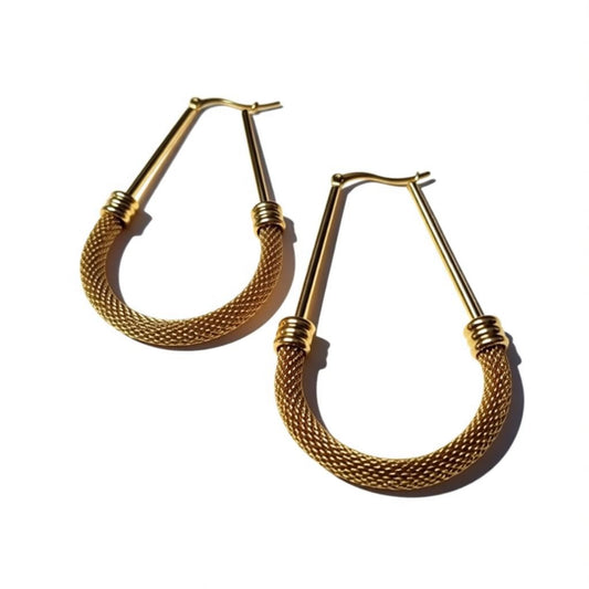 Gold-Colored Oval Steel Earrings with Mesh Link