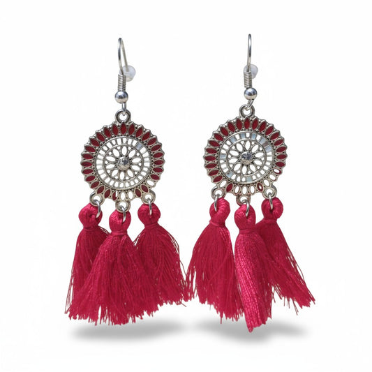 Festival oorhangers rood met kwastjes, boho stijl, 75x21mm, krachtige zomerse oorbellen met emaille