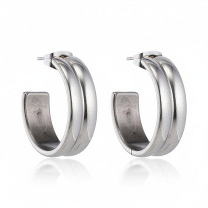 Oorbellen – 23mm Hoepel Creool 2 Lijnen RVS Zilverkleur Unisex
