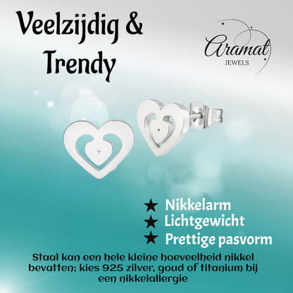 RVS Hart Oorstekers Zilver 11x9mm Opengewerkt