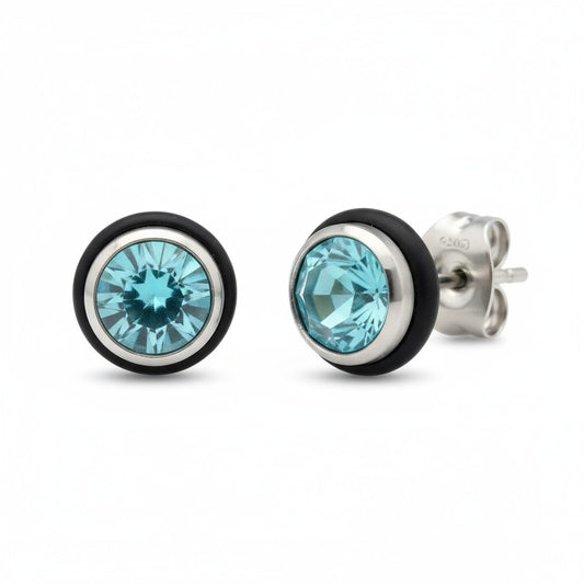 Round Steel Earrings with Light Blue Zirconia