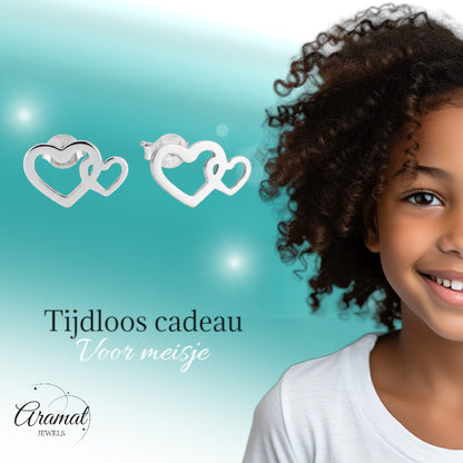 Zilverkleurige dubbele hart oorbellen 12x8mm staal met 2 open hartjes, lichtgewicht oorstekers cadeau voor vrouwen en meisjes