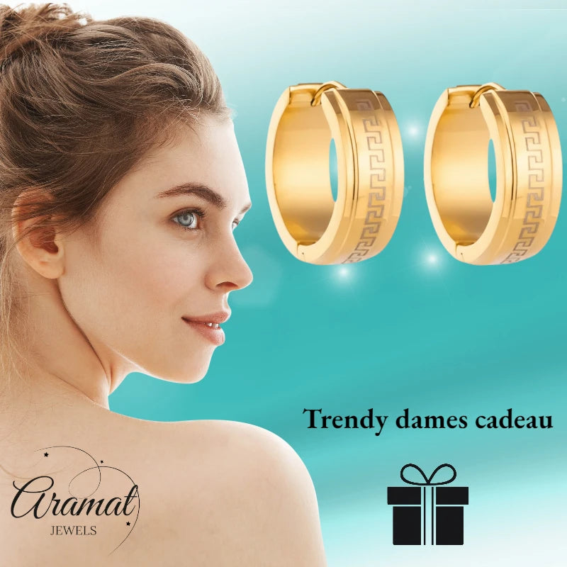 Gold-colored hoop earrings with Greek motif