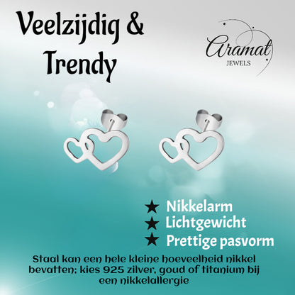 RVS Dubbele Hartjes Oorstekers Zilver 12x8mm