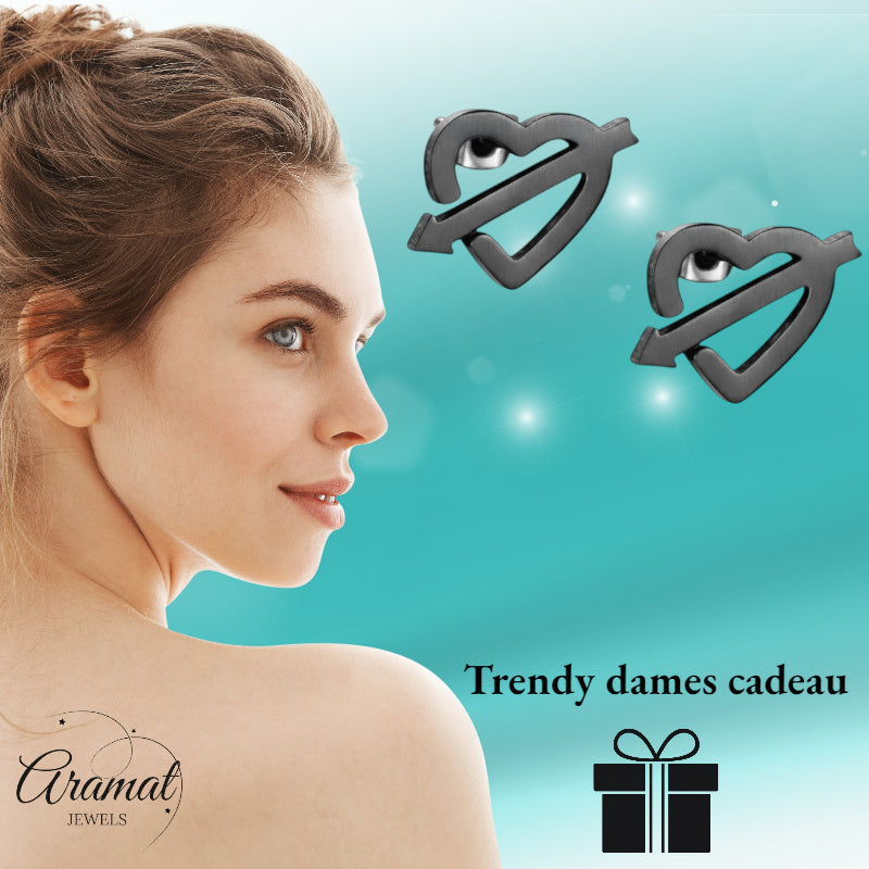 Roestvrij Staal Hart Pijl Oorbellen Zwart 9x8mm