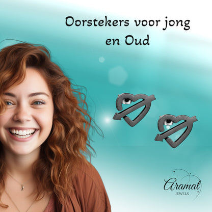 Roestvrij Staal Hart Pijl Oorbellen Zwart 9x8mm
