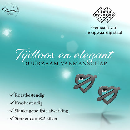 Roestvrij Staal Hart Pijl Oorbellen Zwart 9x8mm