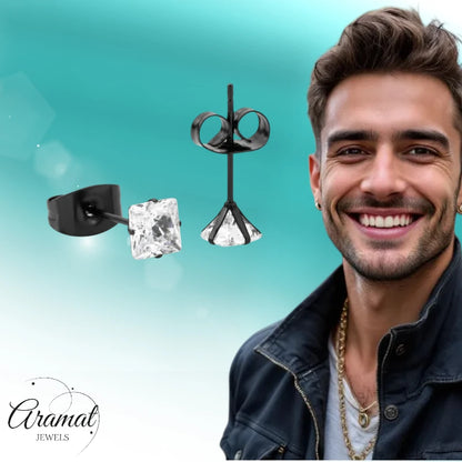 Oorbellen – RVS Zwartkleur met Vierkante Zirkonia (4mm)