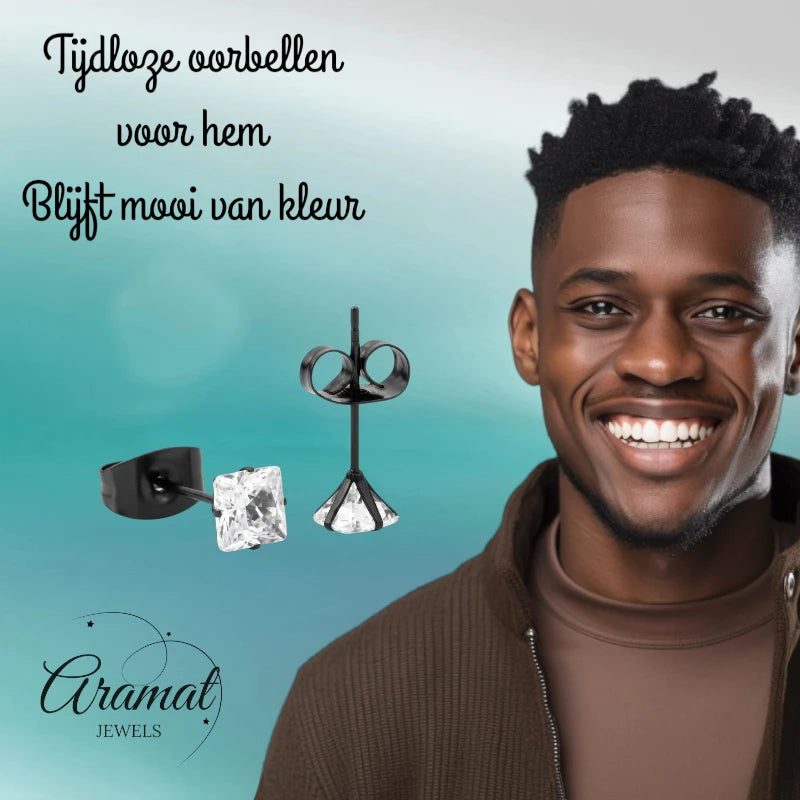 Oorbellen – RVS Zwartkleur met Vierkante Zirkonia (4mm)