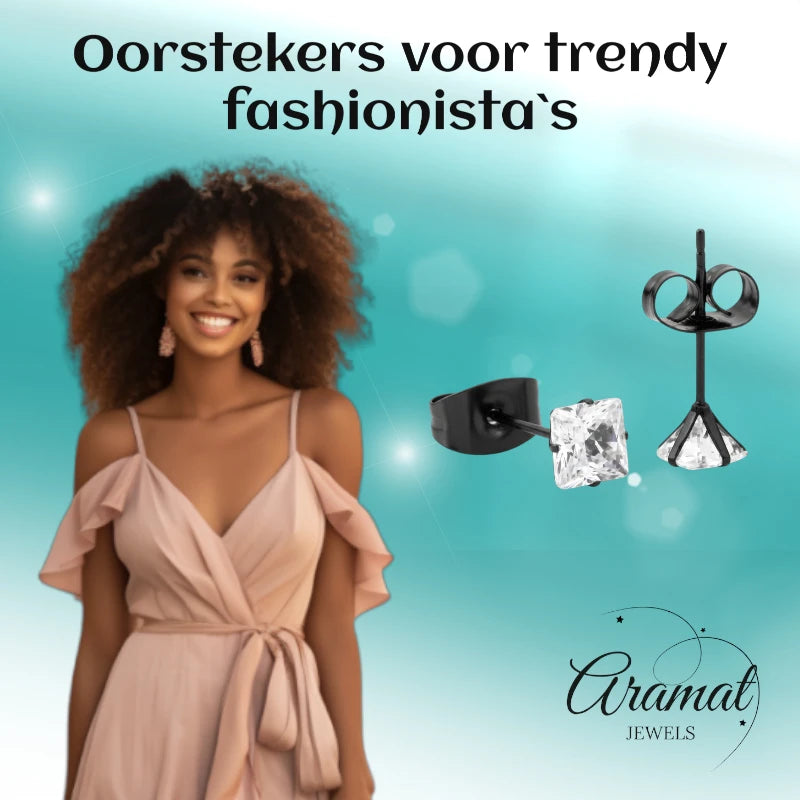 Oorbellen – RVS Zwartkleur met Vierkante Zirkonia (4mm)