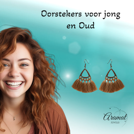 Bruine bohemian oorhangers met kwastjes, bronskleurige afwerking, 55x30mm, handgemaakte statement oorbellen
