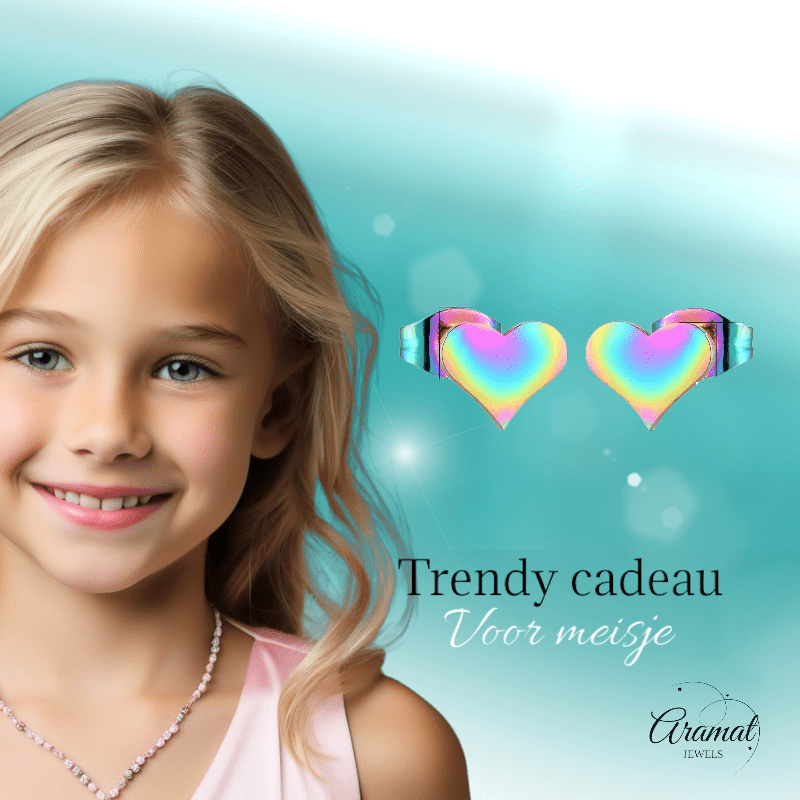 Regenboog hartjes oorstekers – 9x8mm vrolijk RVS - Aramat Jewels - Oorbellen - cadeautip