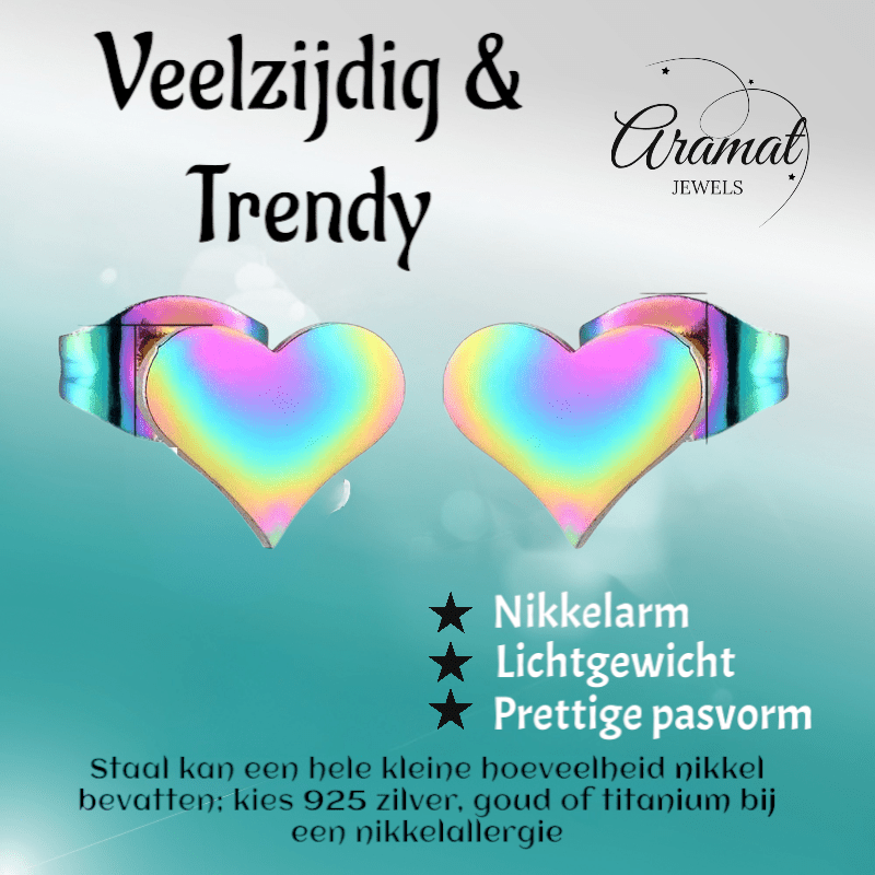 Regenboog hartjes oorstekers – 9x8mm vrolijk RVS - Aramat Jewels - Oorbellen - cadeautip