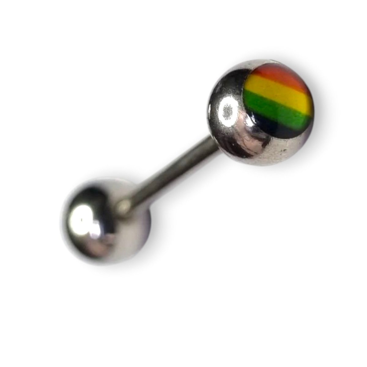 Aramat Jewels steel tongue piercing with rainbow stripe design on one ball. Silver metal.