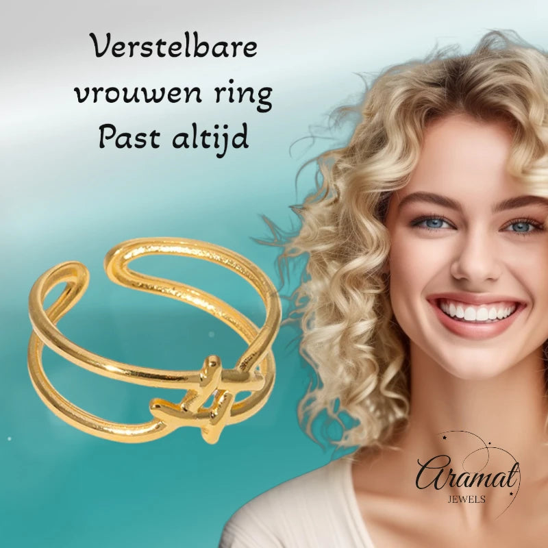 Verstelbare Ring - Vierkant met Lijnen - One Size