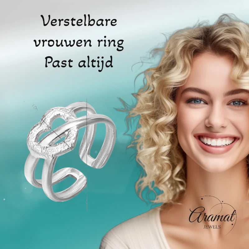 Stalen Verstelbare Open Ring - Bewerkt Hartje - One Size