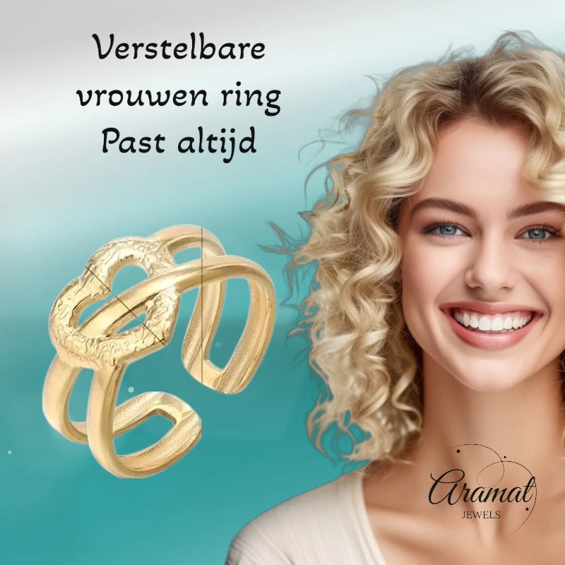 Stalen Verstelbare Open Ring - Bewerkt Hartje - One Size