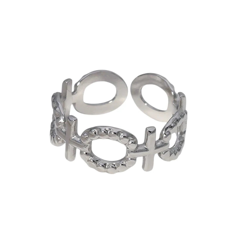 Stalen Verstelbare Open Ring - Schakel Motief & Dots - One Size