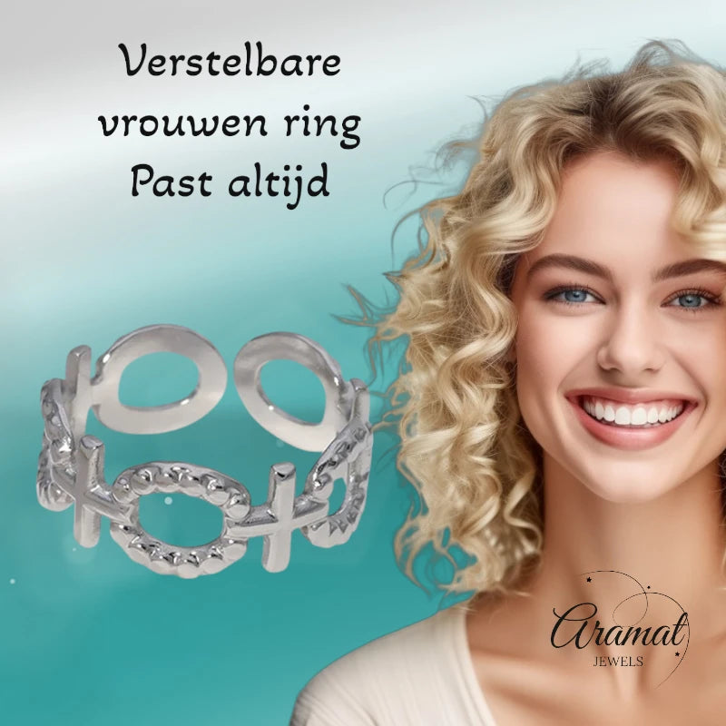 Stalen Verstelbare Open Ring - Schakel Motief & Dots - One Size