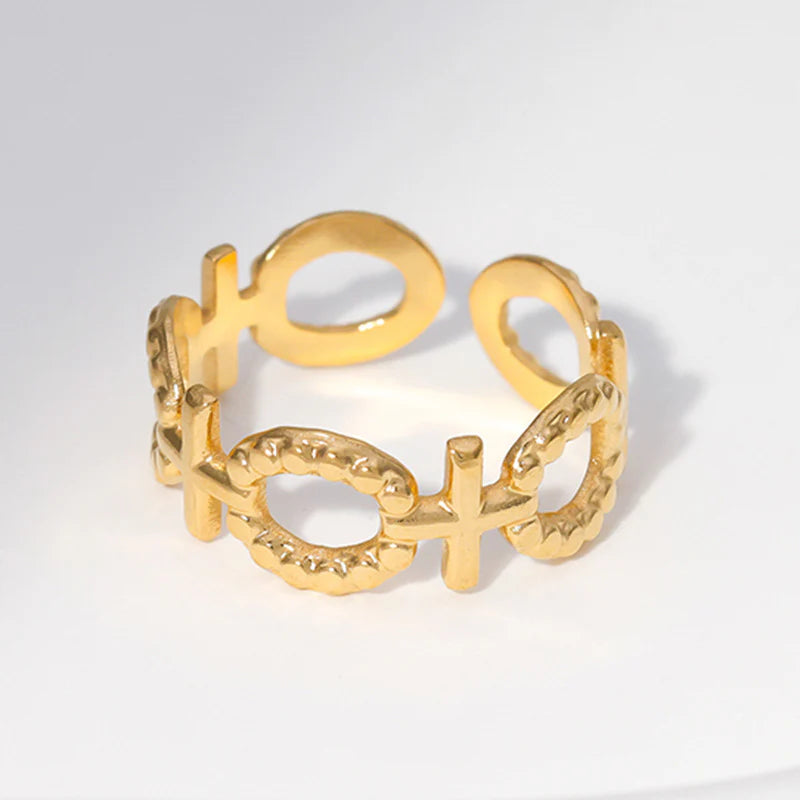 Stalen Verstelbare Open Ring - Schakel Motief & Dots - One Size