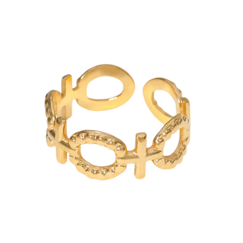 Stalen Verstelbare Open Ring - Schakel Motief & Dots - One Size