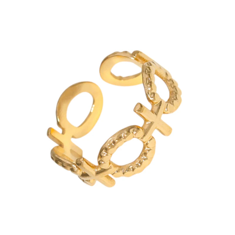 Stalen Verstelbare Open Ring - Schakel Motief & Dots - One Size