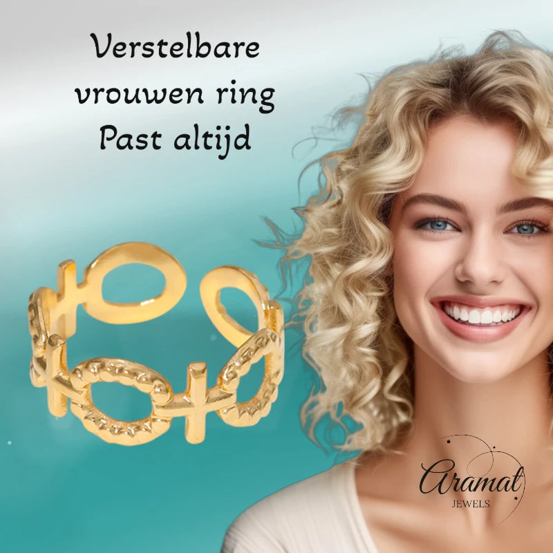 Stalen Verstelbare Open Ring - Schakel Motief & Dots - One Size