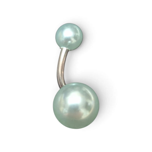 Stalen Navelpiercing Lichtblauwe Synthetische Parel – Zilverkleurig, Zonder Hanger