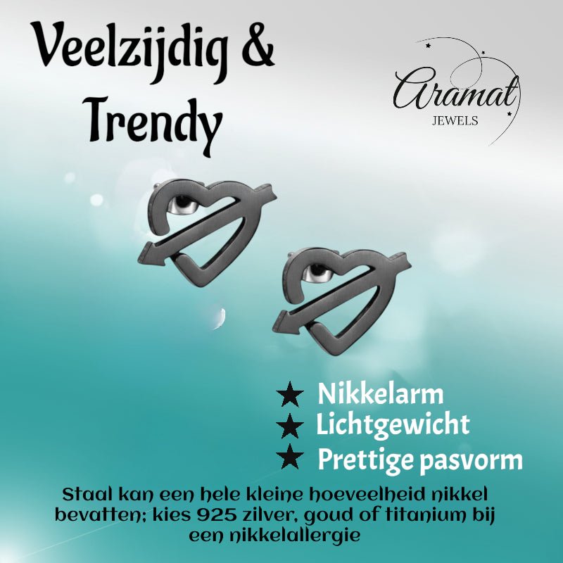 Roestvrij Staal Hart Pijl Oorbellen Zwart 9x8mm - Aramat Jewels - Oorbellen - cadeautip