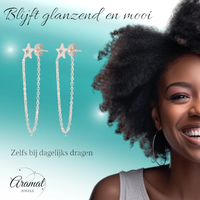Rosékleurige ster oorbellen met kettinkje - oor161 - Oorbellen kopen# - 8mm - alles - cadeau