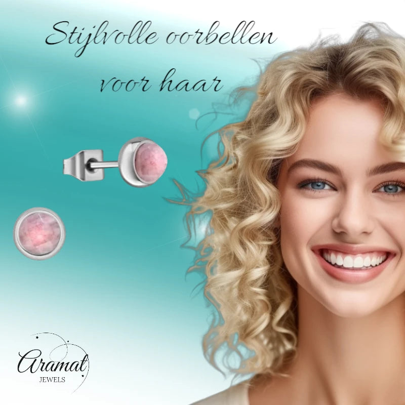 Roze Aardbeienkwarts Oorbellen - Staal - 5mm