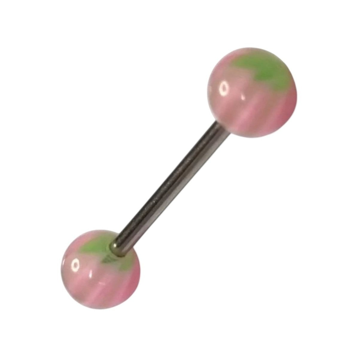 Aramat Jewels steel tongue piercing with pink and green acrylic balls. 16mm bar, 6mm balls.