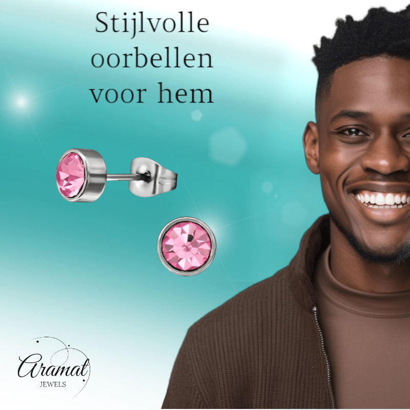 Roze kristal oorstekers – 5mm zilver RVS - Aramat Jewels - Oorbellen - cadeautip