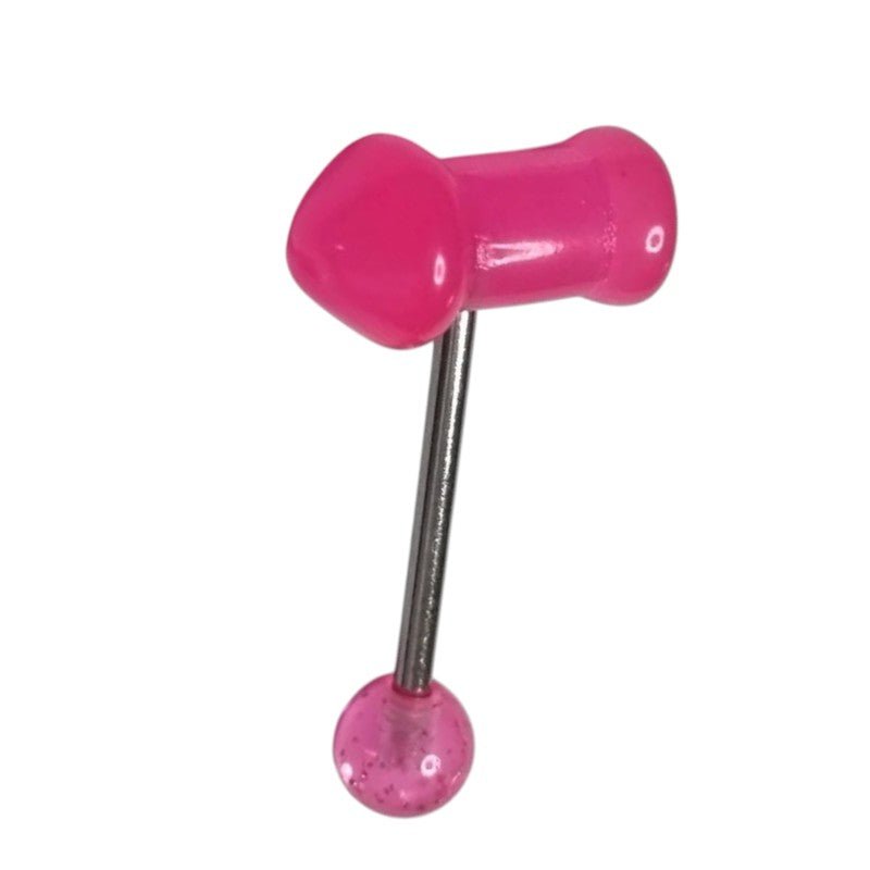 Aramat Jewels pink acrylic penis-shaped tongue piercing with a glittery ball end and steel bar.
