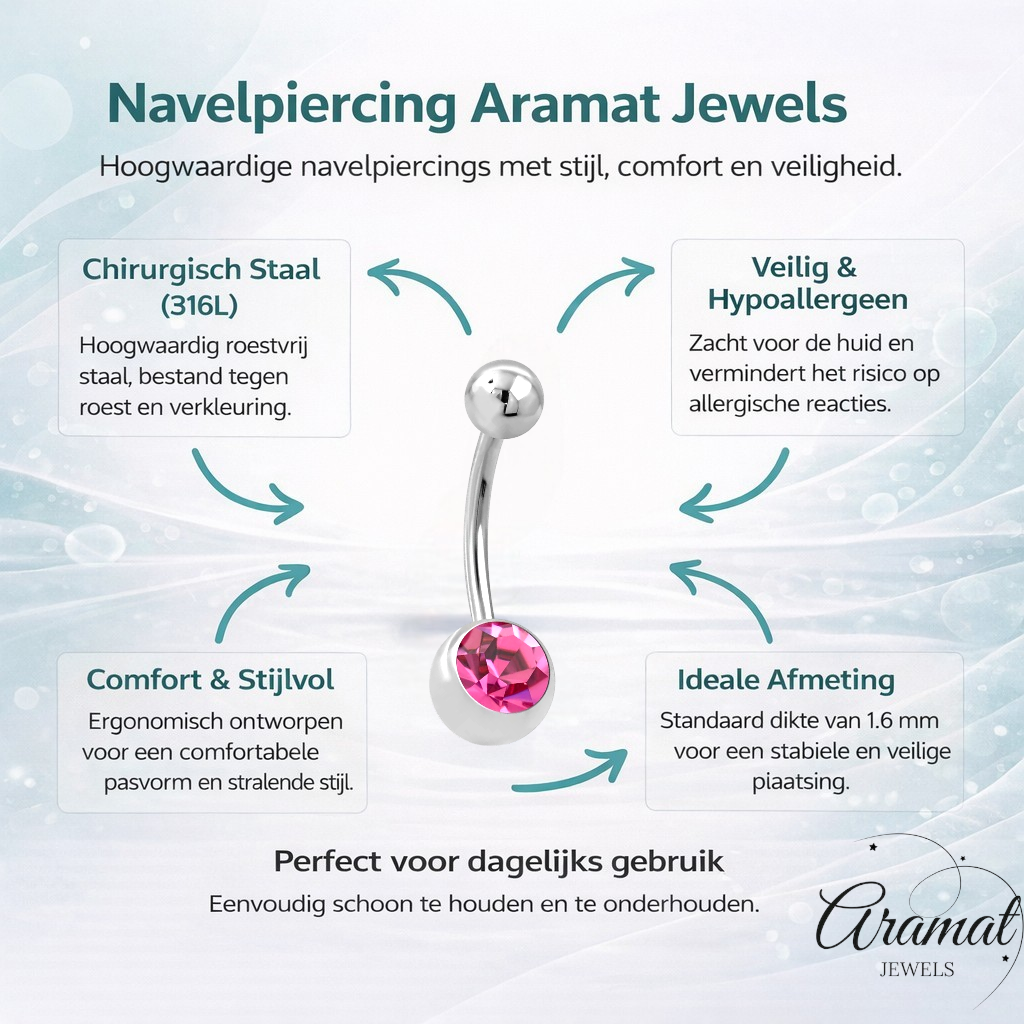 Piercing nombril en acier et zircon rose avec pierre
