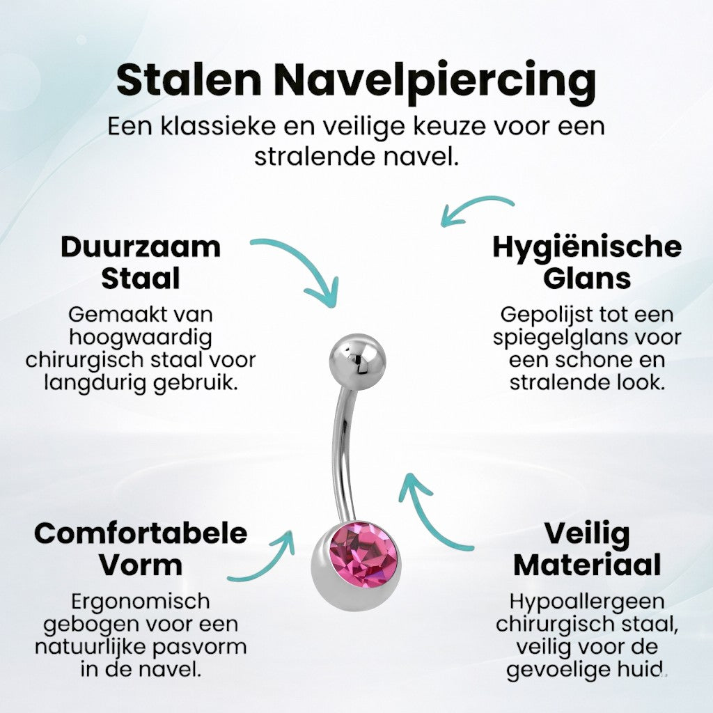 Piercing nombril en acier et zircon rose avec pierre