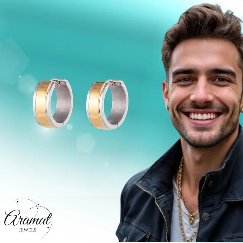 RVS Bicolor Huggie Creolen Brede Streep 20mm - Goud Zilver Unisex - Aramat Jewels - Oorringen - cadeautip