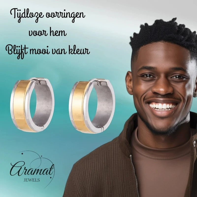 RVS Bicolor Huggie Creolen Brede Streep 20mm - Goud Zilver Unisex - Aramat Jewels - Oorringen - cadeautip