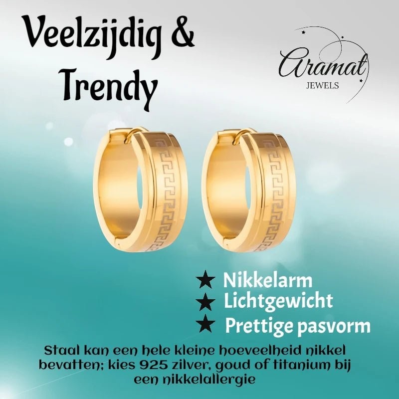 RVS Creolen Goudkleur Grieks Motief/Versace (13 & 20mm) - Aramat Jewels - Oorringen - cadeautip