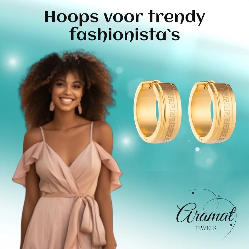 RVS Creolen Goudkleur Grieks Motief/Versace (13 & 20mm) - Aramat Jewels - Oorringen - cadeautip
