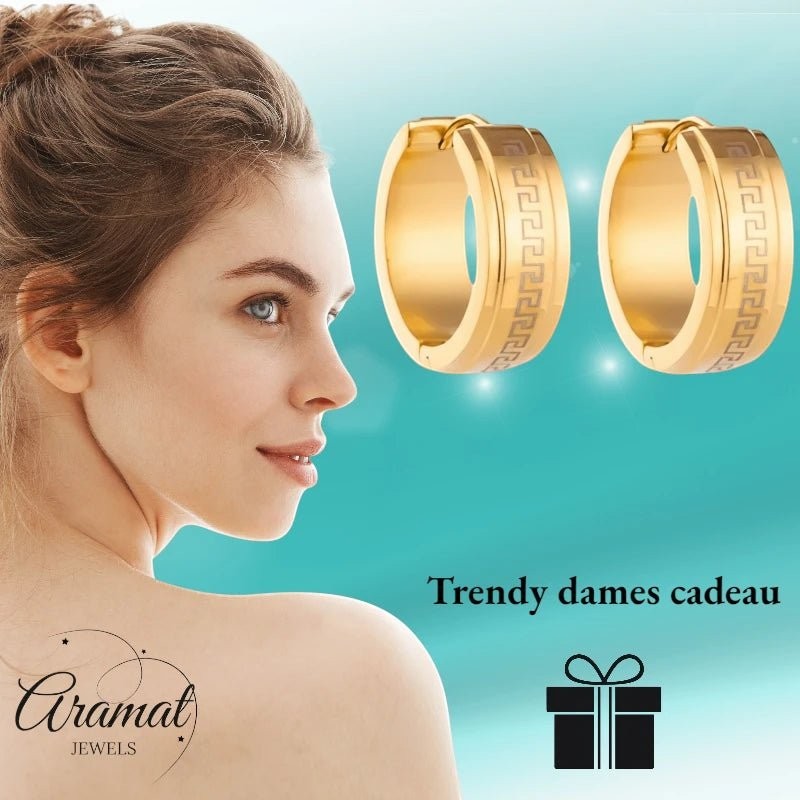 RVS Creolen Goudkleur Grieks Motief/Versace (13 & 20mm) - Aramat Jewels - Oorringen - cadeautip