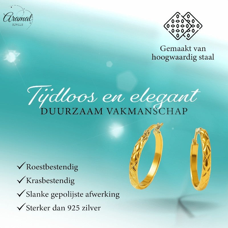 RVS Creolen Ruitjes Goudkleur 30mm - Grote Hoepel Oorbellen - Aramat Jewels - Oorringen - cadeautip